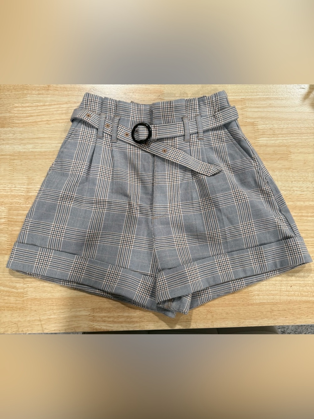Abercrombie & Fitch High-Waist Plaid Shorts in Gray and Tan